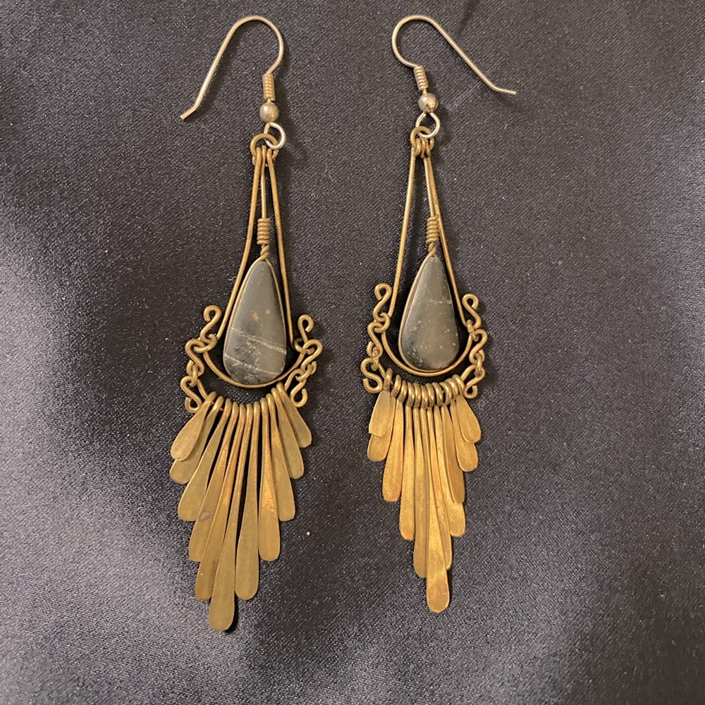 Vintage brass and black onyx hanging earrings